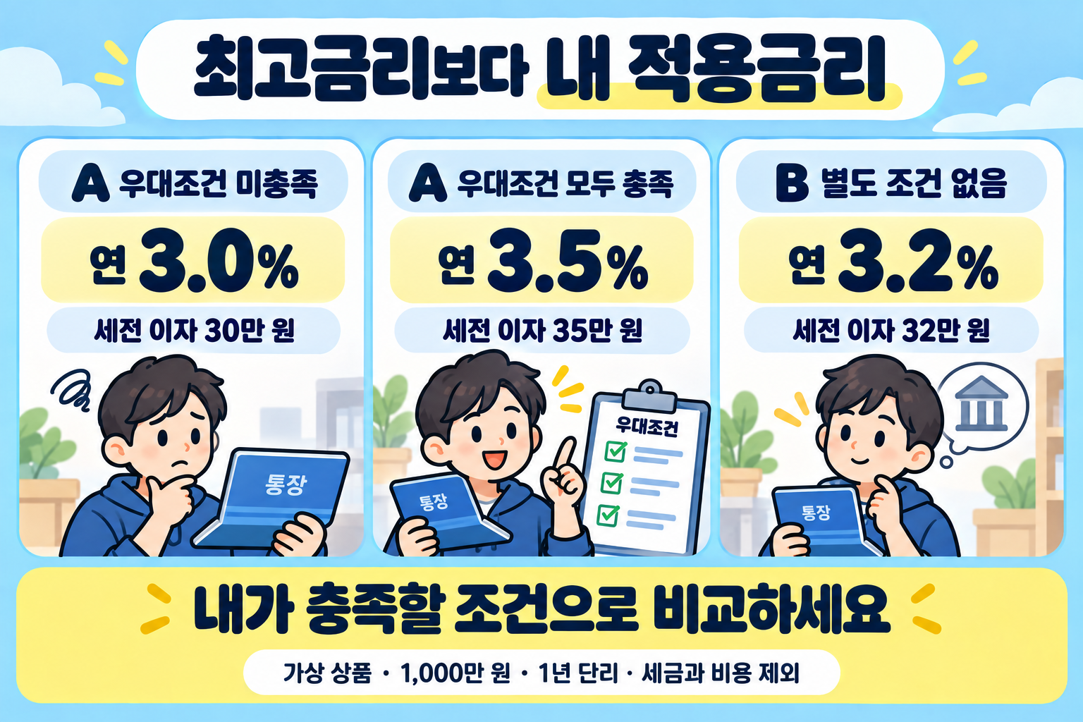 1,000만 원을 1년 맡기는 가상 예금 상품에서 우대조건 충족 여부에 따른 적용금리와 세전 이자 비교